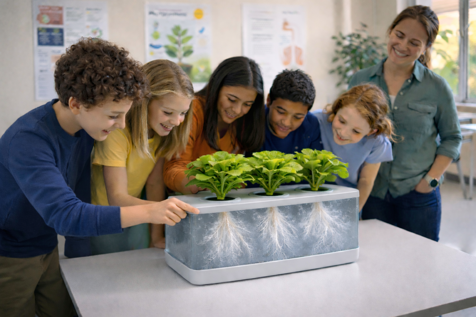 Students collaborating on fogponics system in educational setting