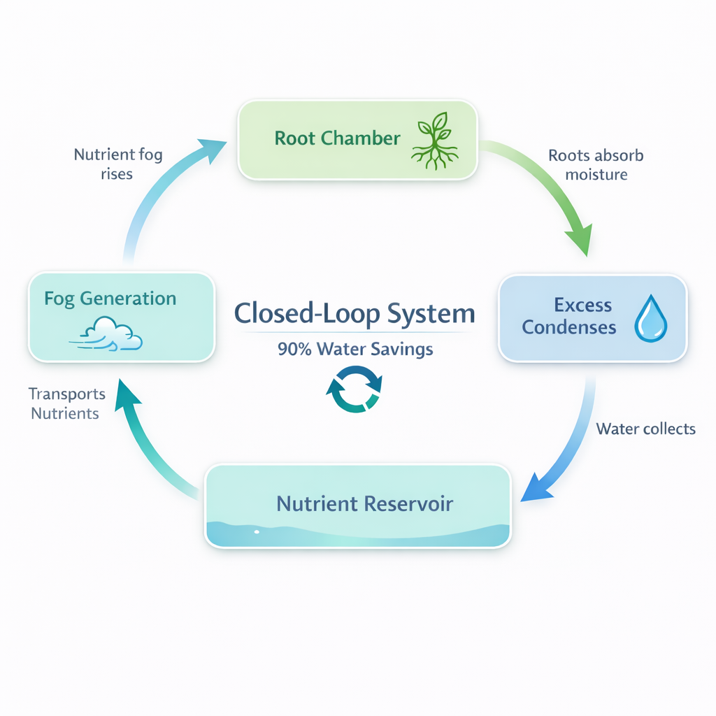 Conceptual closed-loop water cycle diagram showing fog generation, root absorption, condensation, and recirculation